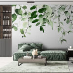 Papel de parede Aguarela de folhas verdes sobre branco.