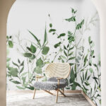 Papel de parede Folhas verdes sobre fundo branco.