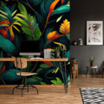 Papel de parede Folhas e flores tropicais vibrantes.