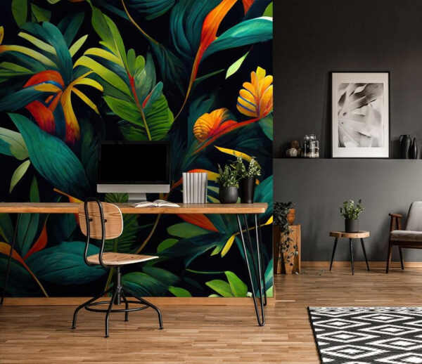 Papel de parede Folhas e flores tropicais vibrantes (REF: u72390) Papel de parede Papel de parede Folhas e flores tropicais vibrantes (REF: u72390)