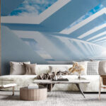 Papel de parede Estrutura branca com céu azul e nuvens