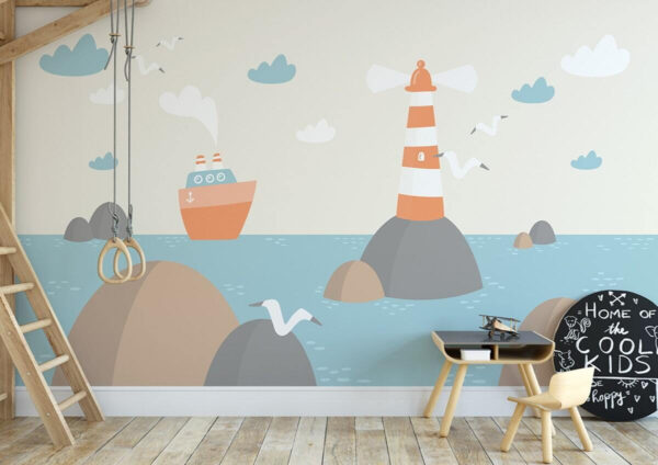Desenho animado de um farol e de um barco Papel de parede Desenho animado de um farol e de um barco