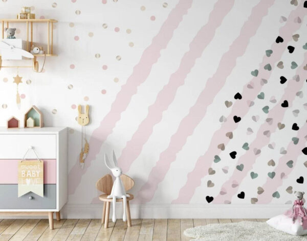 Fundo às riscas cor-de-rosa e brancas com pequenos corações Papel de parede Fundo às riscas cor-de-rosa e brancas com pequenos corações