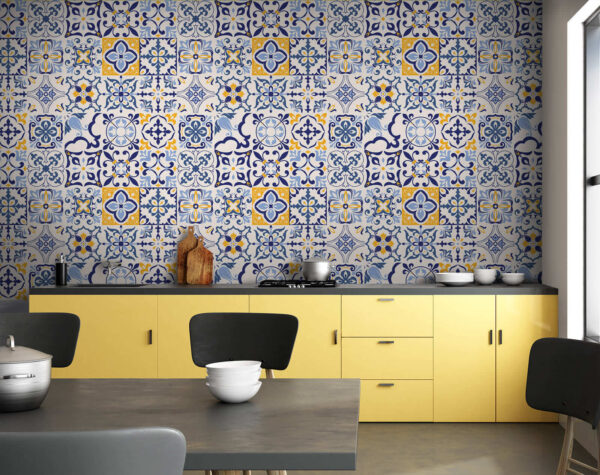 Padrão de azulejos azuis e amarelos Papel de parede Padrão de azulejos azuis e amarelos