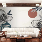 Papel de parede Fundo branco com flores e folhas a preto e branco