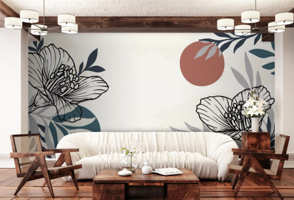 Fundo branco com flores e folhas a preto e branco Papel de parede Fundo branco com flores e folhas a preto e branco