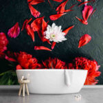 Papel de parede Grupo de flores vermelhas com pétalas sobre uma superfície preta