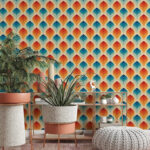 Papel de parede Padrão de folhas cor de laranja e azuis