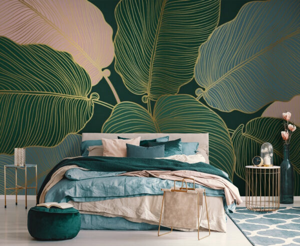 Folhas tropicais num design artístico Papel de parede Folhas tropicais num design artístico