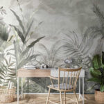 Papel de parede Folhas tropicais num jardim enevoado.