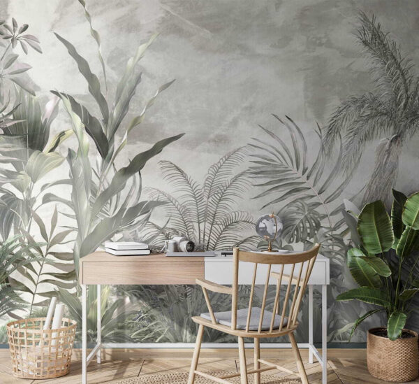 Folhas tropicais num jardim enevoado Papel de parede Folhas tropicais num jardim enevoado