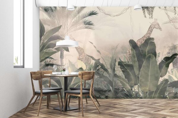 Girafas numa floresta com árvores e plantas Papel de parede Girafas numa floresta com árvores e plantas