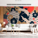 Papel de parede Os grous voam por cima das flores decorativas.