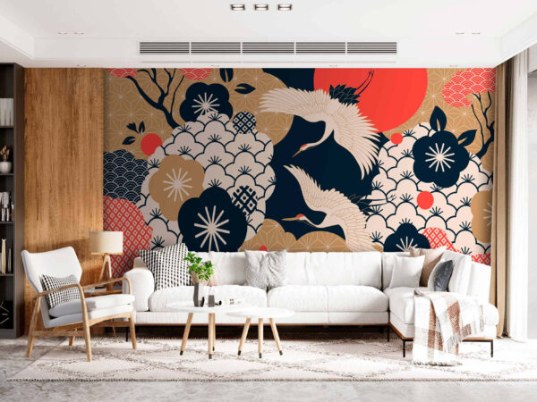 Os grous voam por cima das flores decorativas Papel de parede Os grous voam por cima das flores decorativas
