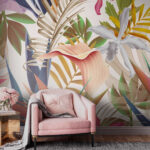 Papel de parede Folhas e flores tropicais coloridas.