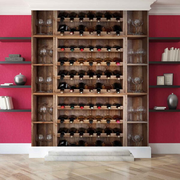 Garrafas e copos de vinho nas prateleiras Papel de parede Garrafas e copos de vinho nas prateleiras