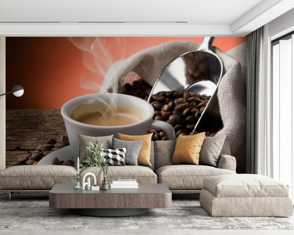 Chávena de café com vapor e grãos de café Papel de parede Chávena de café com vapor e grãos de café