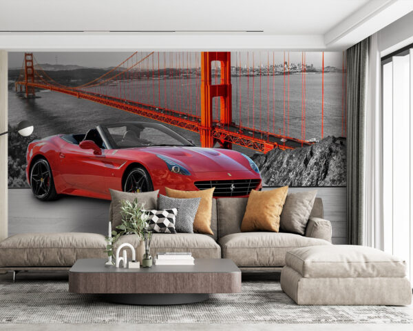 Carro desportivo vermelho numa estrada com uma ponte ao fundo Papel de parede Carro desportivo vermelho numa estrada com uma ponte ao fundo