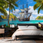 Papel de parede Navio pirata ancorado num paraíso tropical.