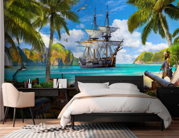 Navio pirata ancorado num paraíso tropical Papel de parede Navio pirata ancorado num paraíso tropical