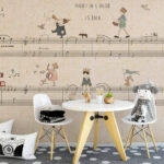Papel de parede Folha de música com desenhos de pessoas a tocar instrumentos