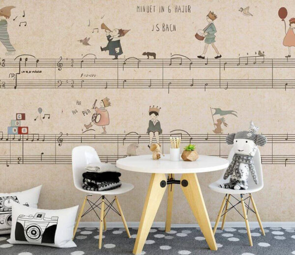 Folha de música com desenhos de pessoas a tocar instrumentos Papel de parede Folha de música com desenhos de pessoas a tocar instrumentos