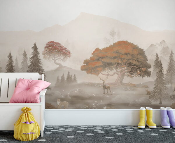 Pintura de uma floresta com árvores e montanhas Papel de parede Pintura de uma floresta com árvores e montanhas