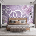 Papel de parede Flores de lavanda com círculos brancos.