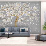 Papel de parede Árvore com flores e folhas brancas