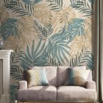 Papel de parede Padrão de folhas tropicais em tons suaves
