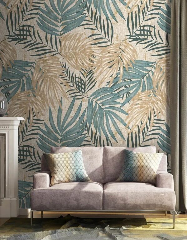 Padrão de folhas tropicais em tons suaves Papel de parede Padrão de folhas tropicais em tons suaves