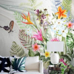Papel de parede Pintura de flores e borboletas