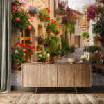 Papel de parede Beco encantador com flores vibrantes.
