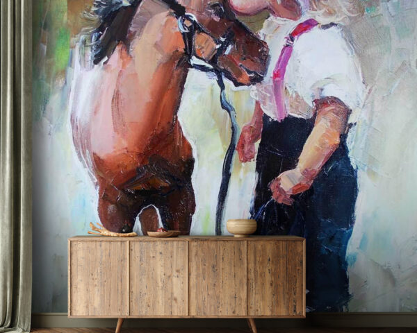 Pintura de uma rapariga a beijar um cavalo Papel de parede Pintura de uma rapariga a beijar um cavalo