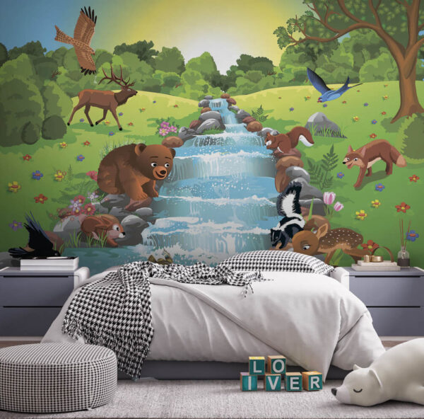 Papel de parede Desenho animado de animais num riacho