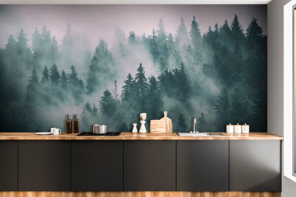 Papel de parede Floresta com nevoeiro e árvores