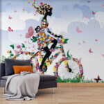 Papel de parede Mulher a andar de bicicleta com flores