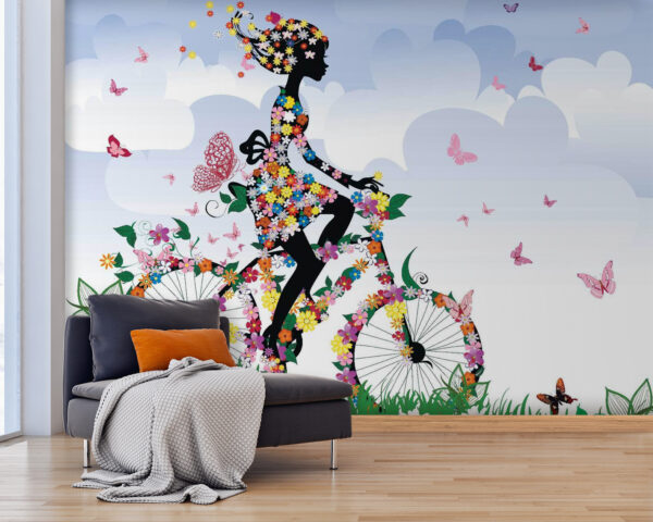 Papel de parede Papel de parede Mulher a andar de bicicleta com flores (REF: u55195)