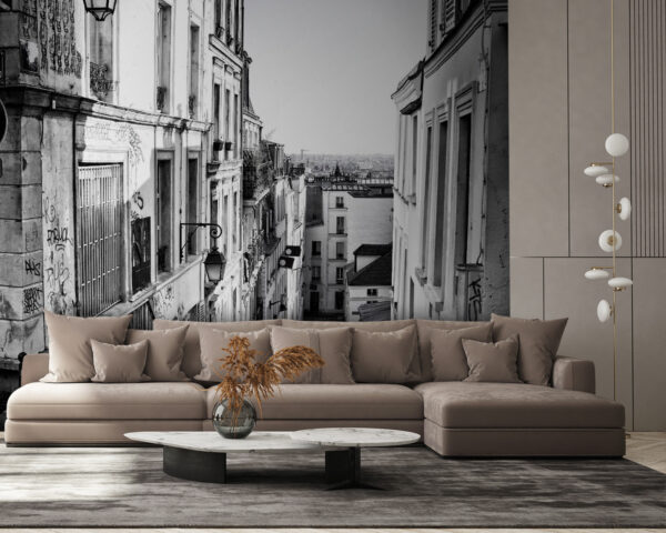 Rua com edifícios e um candeeiro de rua Papel de parede Rua com edifícios e um candeeiro de rua