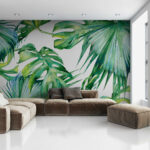 Papel de parede Padrão verde vibrante de folhas tropicais.