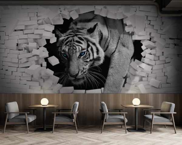 Papel de parede Tigre a romper um muro de tijolo branco (REF: u53521) Papel de parede Papel de parede Tigre a romper um muro de tijolo branco (REF: u53521)