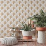 Papel de parede Padrão de folhas cor de laranja e brancas