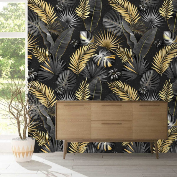 Desenho elegante de padrão de folhas tropicais Papel de parede Desenho elegante de padrão de folhas tropicais