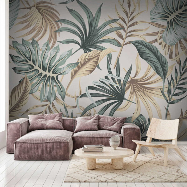 Folhas tropicais sobre fundo bege Papel de parede Folhas tropicais sobre fundo bege