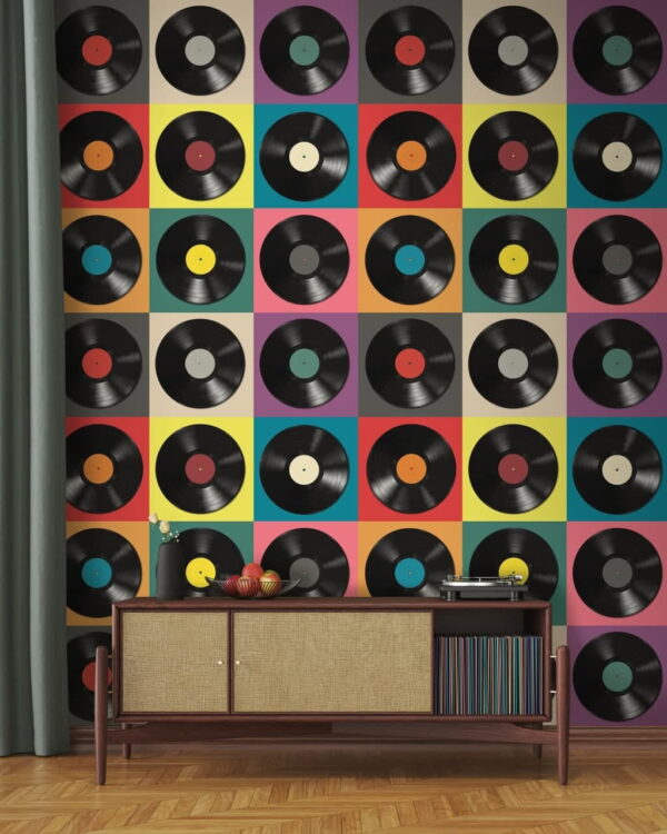 Papel de parede Exposição de arranjos de discos de vinil coloridos (REF: u51622) Papel de parede Papel de parede Exposição de arranjos de discos de vinil coloridos (REF: u51622)