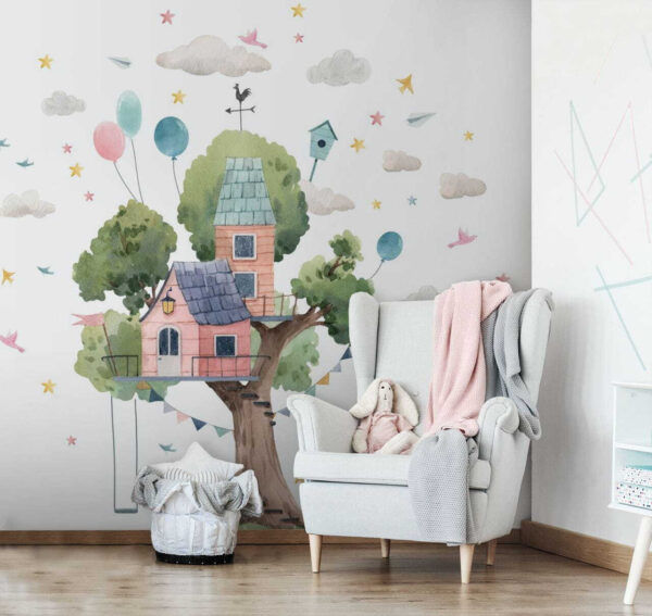 Pintura a aguarela de uma casa na árvore Papel de parede Pintura a aguarela de uma casa na árvore