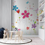 Papel de parede Grupo de flores com borboletas