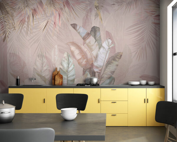 Papel de parede Folhas tropicais com tons pastel suaves