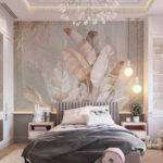 Papel de parede Folhas tropicais em tons pastel.