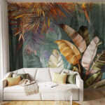 Papel de parede Folhagem tropical em tons vibrantes.
